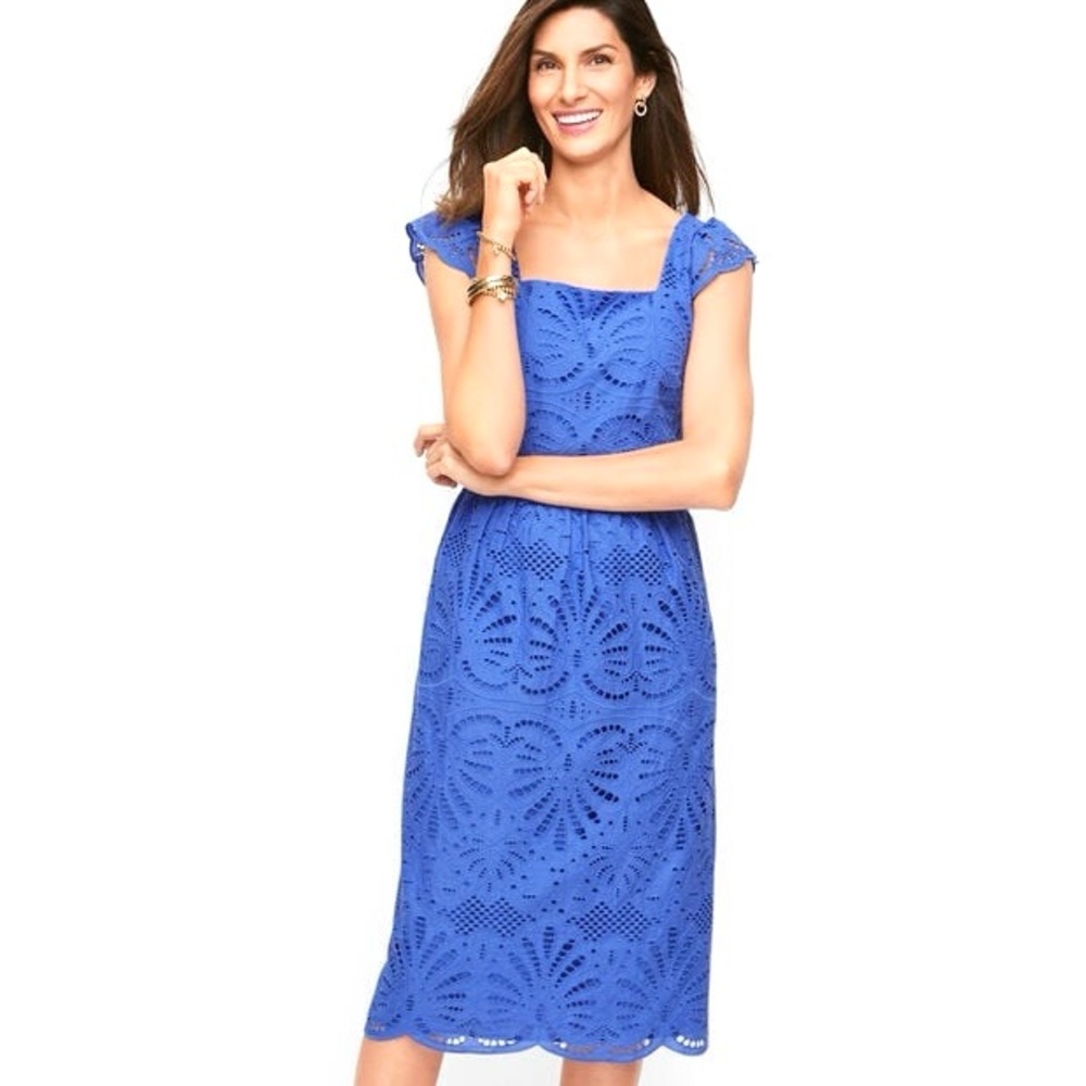 Talbots Ruffle Eyelet A-Line Dress Women’s Size 16 Lace Flutter Sleeve Cotton